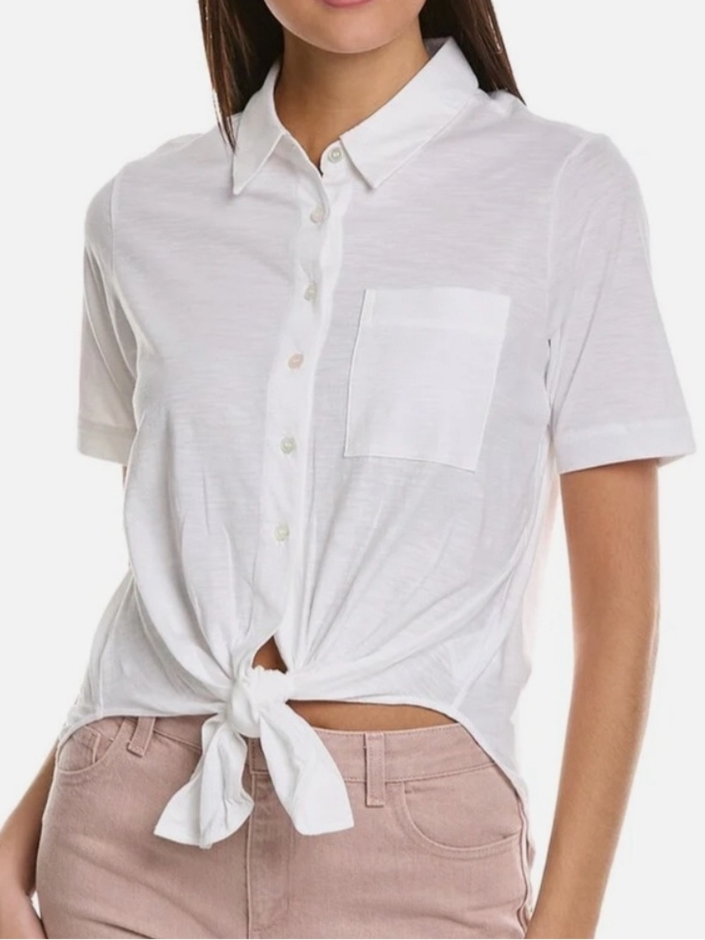 Theory 100% Cotton White Short Sleeve Tie Front Button Down Shirt Size M - Picture 2 of 7